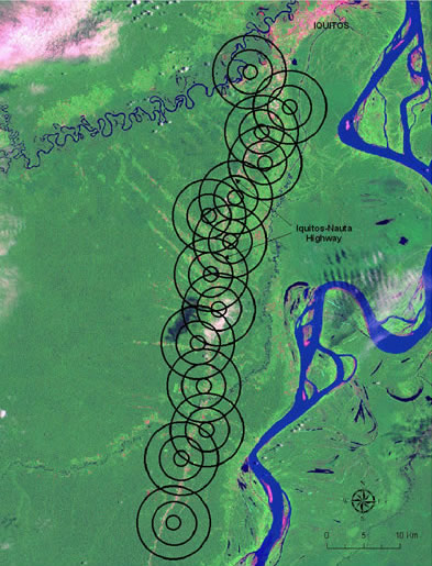 Location of 14 sites along the Iquitos-Nauta highway used for landscape analysis.